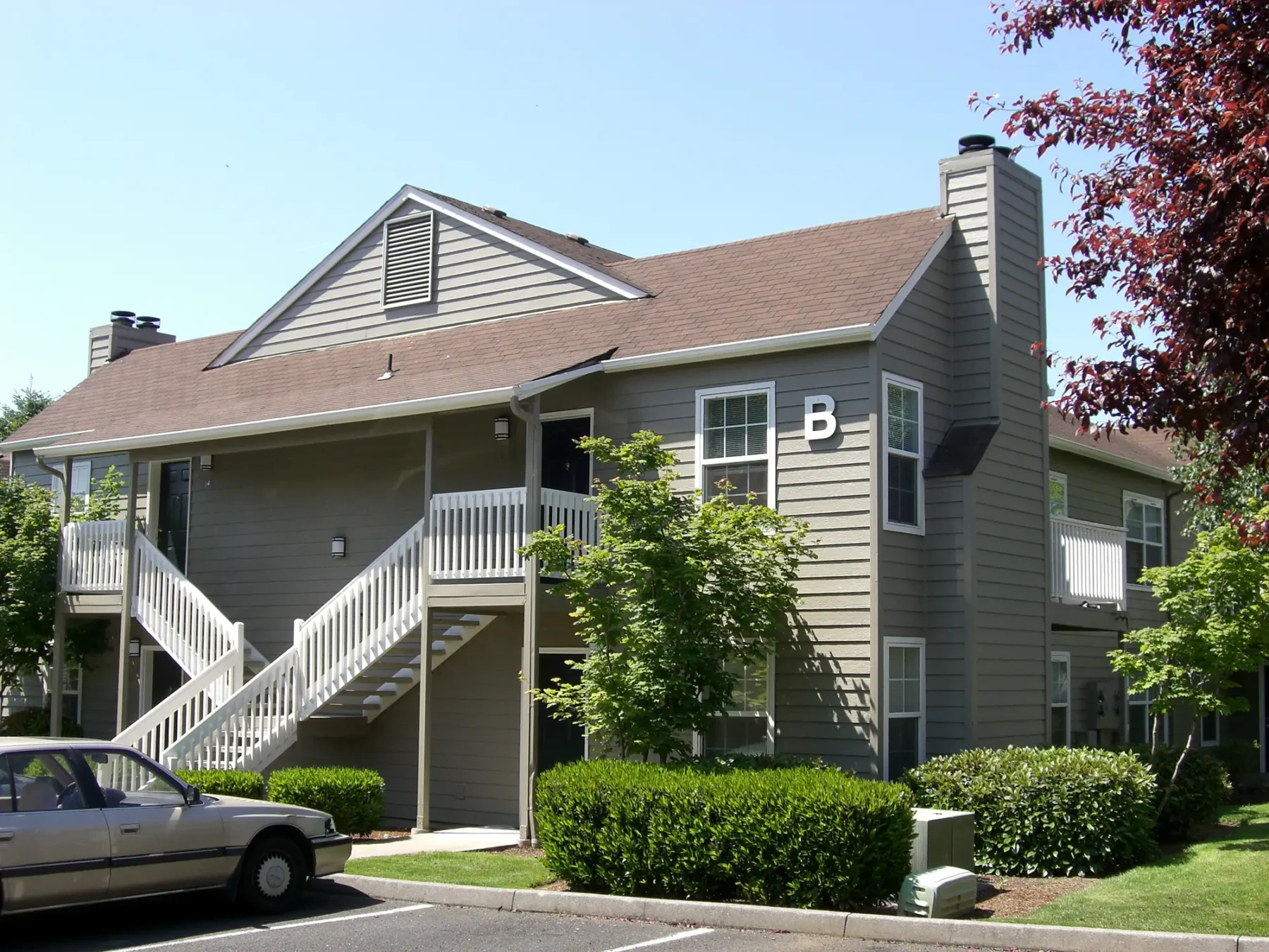 Building exterior with trees and shrubs